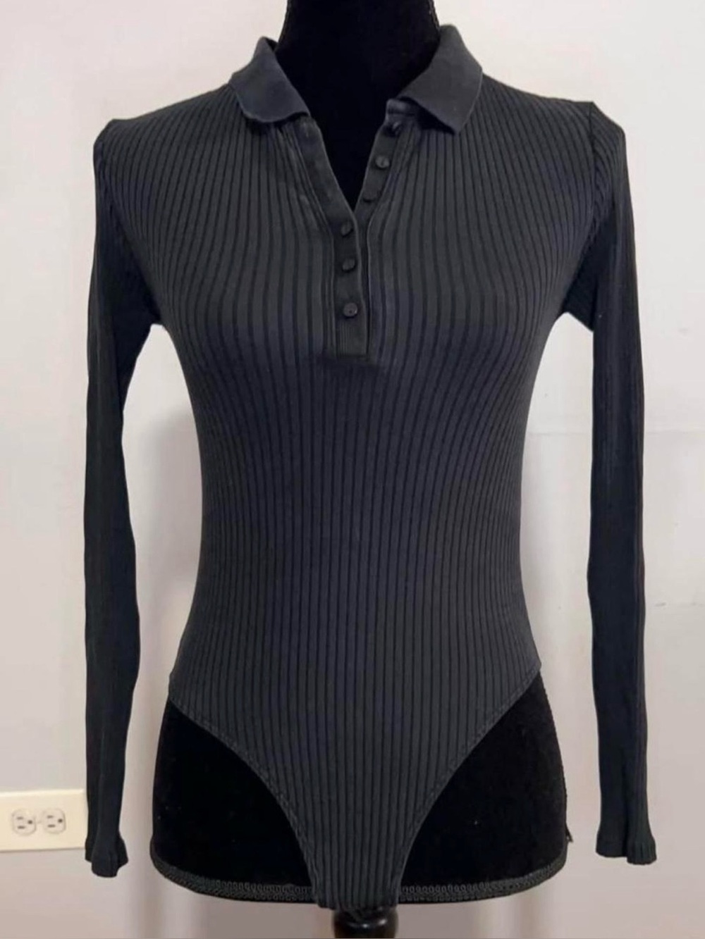 ZARA Black Ribbed Long-Sleeve Polo Bodysuit